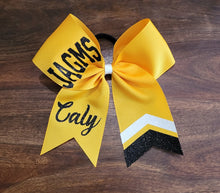 Load image into Gallery viewer, Yellow gold cheer bow with black and white glitter text and custom text