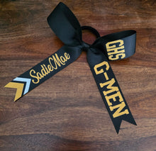 Load image into Gallery viewer, Custom Long Tail Cheer Bow with 3 names and chevron tail.