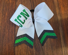 Load image into Gallery viewer, White Chevron Tail Cheer/Dance/Softball Bow with Name