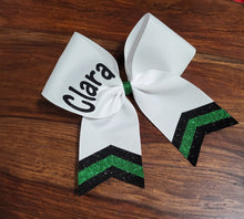 Load image into Gallery viewer, White Chevron Tail Cheer/Dance/Softball Bow with Name