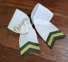 Load image into Gallery viewer, White Chevron Tail Cheer/Dance/Softball Bow with Name