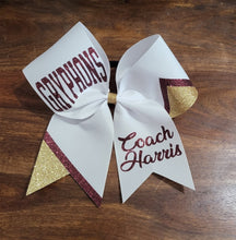 Load image into Gallery viewer, Custom Cheer/Softball/Dance Bow with 2 names and Striped tail.