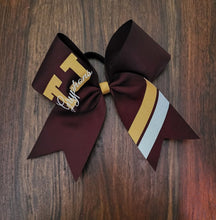 Load image into Gallery viewer, Maroon bow with athletic yellow and white custom stripes and text