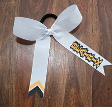 Load image into Gallery viewer, Custom Long Tail Cheer Bow with 1 name outlined and chevron tail.