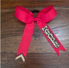 Load image into Gallery viewer, Custom Long Tail Cheer Bow with 1 name outlined and chevron tail.