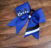 Load image into Gallery viewer, Royal Blue bow with black and white glitter and custom text