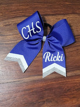 Load image into Gallery viewer, royal Blue hair bow with silver and white chevrons and custom names
