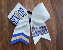 Load image into Gallery viewer, White Senior bow with royal blue and gold custom text