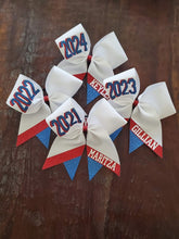 Load image into Gallery viewer, Custom Cheer/Senior/Softball Bow with Name and Striped tail