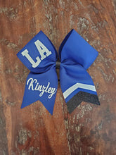 Load image into Gallery viewer, Royal blue bow with black and white glitter custom text
