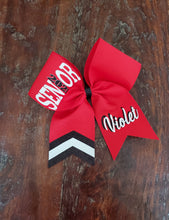 Load image into Gallery viewer, Red black and white senior bow with custom name.