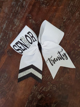 Load image into Gallery viewer, White black and silver custom bow with name.