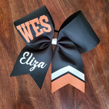Load image into Gallery viewer, A black, orange, and white bow with name