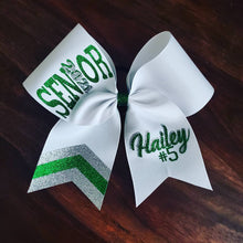 Load image into Gallery viewer, White green and silver senior bow with custom name