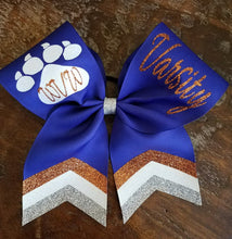 Load image into Gallery viewer, Custom 3 color Chevron Tail Cheer/Softball/Dance Bow with 2 names.