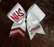 Load image into Gallery viewer, White red and silver custom cheer bow