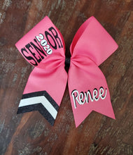 Load image into Gallery viewer, Hot pink black and white senior bow with custom name.