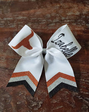 Load image into Gallery viewer, Custom 3 color Chevron Tail Cheer/Softball/Dance Bow with 2 names.