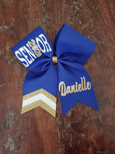 Load image into Gallery viewer, Royal blue gold and white Senior bow with custom name