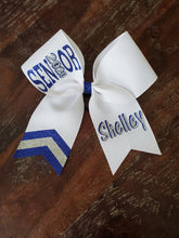 Load image into Gallery viewer, White royal blue and silver senior bow with custom name.