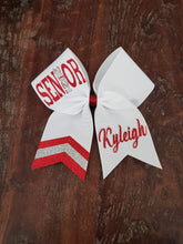 Load image into Gallery viewer, A white and red hair bow with the text 'SENIOR' and a name