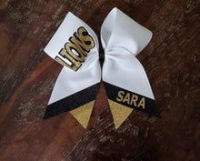 Load image into Gallery viewer, Custom Cheer/Senior/Softball Bow with Name and Striped tail