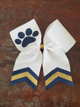 Load image into Gallery viewer, White Chevron Tail Cheer/Dance/Softball Bow with Name
