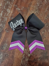 Load image into Gallery viewer, Black Chevron Tail Cheer/Dance/Softball Bow with Name