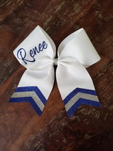 Load image into Gallery viewer, White Chevron Tail Cheer/Dance/Softball Bow with Name