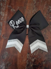 Load image into Gallery viewer, Black Chevron Tail Cheer/Dance/Softball Bow with Name