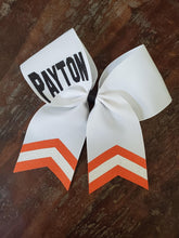 Load image into Gallery viewer, White Chevron Tail Cheer/Dance/Softball Bow with Name