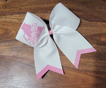 Load image into Gallery viewer, White and pink cheer bow with custom logo 
