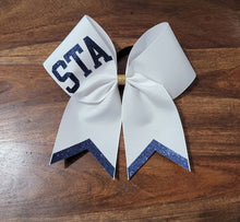 Load image into Gallery viewer, White and navy blue cheer bow with custom text
