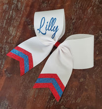 Load image into Gallery viewer, White Chevron Tail Cheer/Dance/Softball Bow with Name
