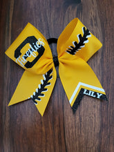 Load image into Gallery viewer, Yellow Softball  bow with black and white details 

