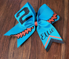 Load image into Gallery viewer, Turquoise Softball hair bow with number and name 
