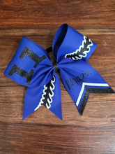 Load image into Gallery viewer, Royal Blue and black Softball  bow with personalized name and number
