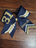 Navy blue and gold Softball hair bow with number  and name