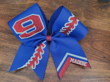 Load image into Gallery viewer, Royal Blue and red softball bow with number and name 
