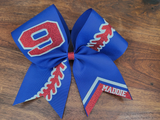 Royal Blue and red softball bow with number and name 