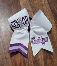 Load image into Gallery viewer, White, silver, and purple senior bow with custom name
