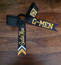 Load image into Gallery viewer, Custom Long Tail Cheer Bow with 3 names and chevron tail.
