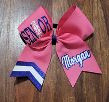 Load image into Gallery viewer, Pink Senior bow with royal blue and white accents and custom name
