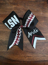 Load image into Gallery viewer, Black and white bow with burgundy accents on a wooden surface
