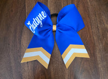 Load image into Gallery viewer, Blue and athletic yellow cheer bow with custom name
