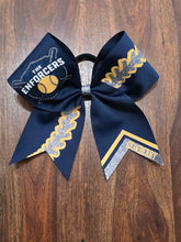Load image into Gallery viewer, Navy blue ribbon with grey and athletic yellow accents hair bow with name
