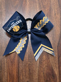 Navy blue ribbon with grey and athletic yellow accents hair bow with name