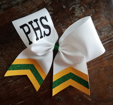 Load image into Gallery viewer, White Chevron Tail Cheer/Dance/Softball Bow with Name
