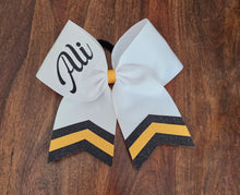 Load image into Gallery viewer, White Chevron Tail Cheer/Dance/Softball Bow with Name
