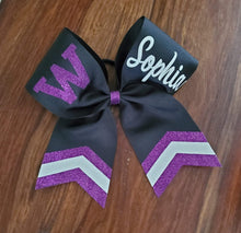Load image into Gallery viewer, Custom Cheer/ Softball/ Dance Bow with Chevron Tail and 2 Names
